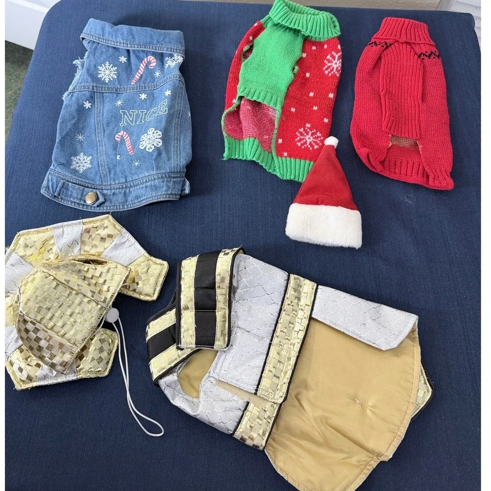 Pet Holiday Apparel Bundle Small Christmas Sweaters Denim Vest Costume